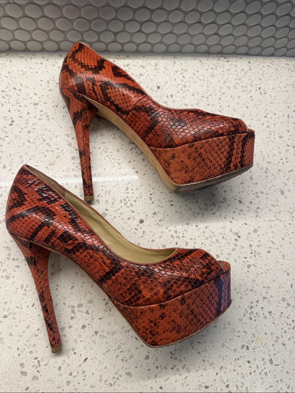 Brian Atwood Platform Bambola 37.5 python snakeskin printed leather